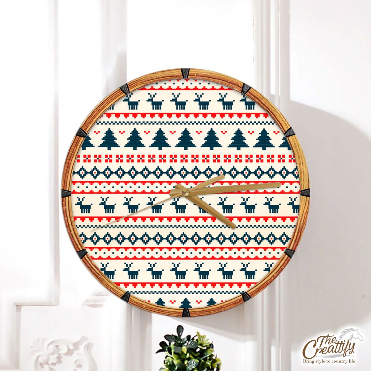 Ugly Patterns With Santas Reindeer And Pine Tree Wall Clock