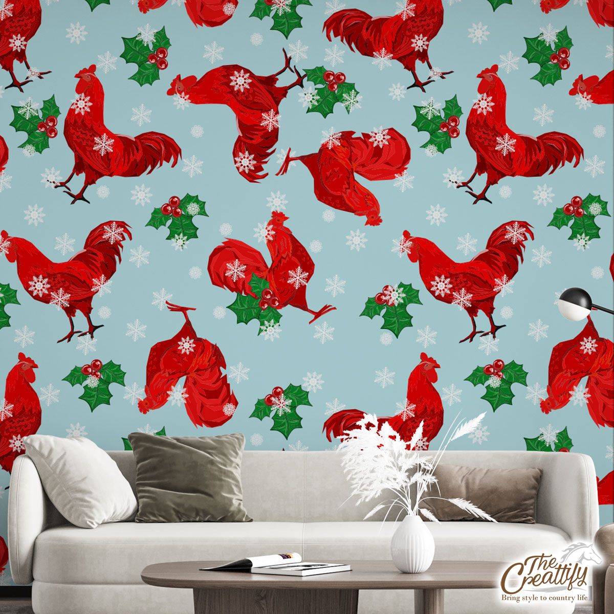 Christmas Chicken With Holly Leaf And Snowflake Wall Mural