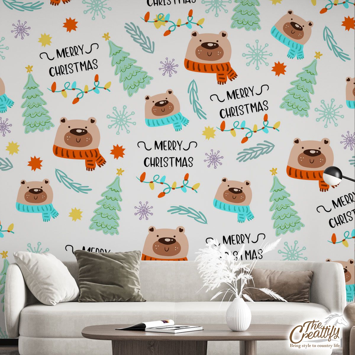 Merry Christmas With Polar Bear, Snowflake, Christmas Tree Wall Mural
