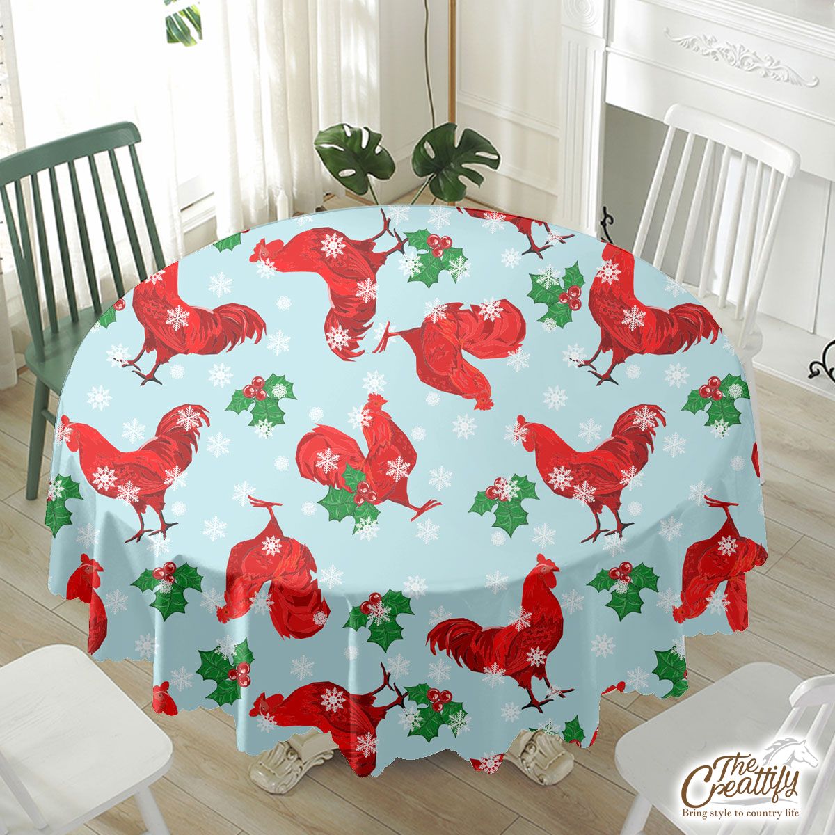 Christmas Chicken With Holly Leaf And Snowflake Waterproof Tablecloth