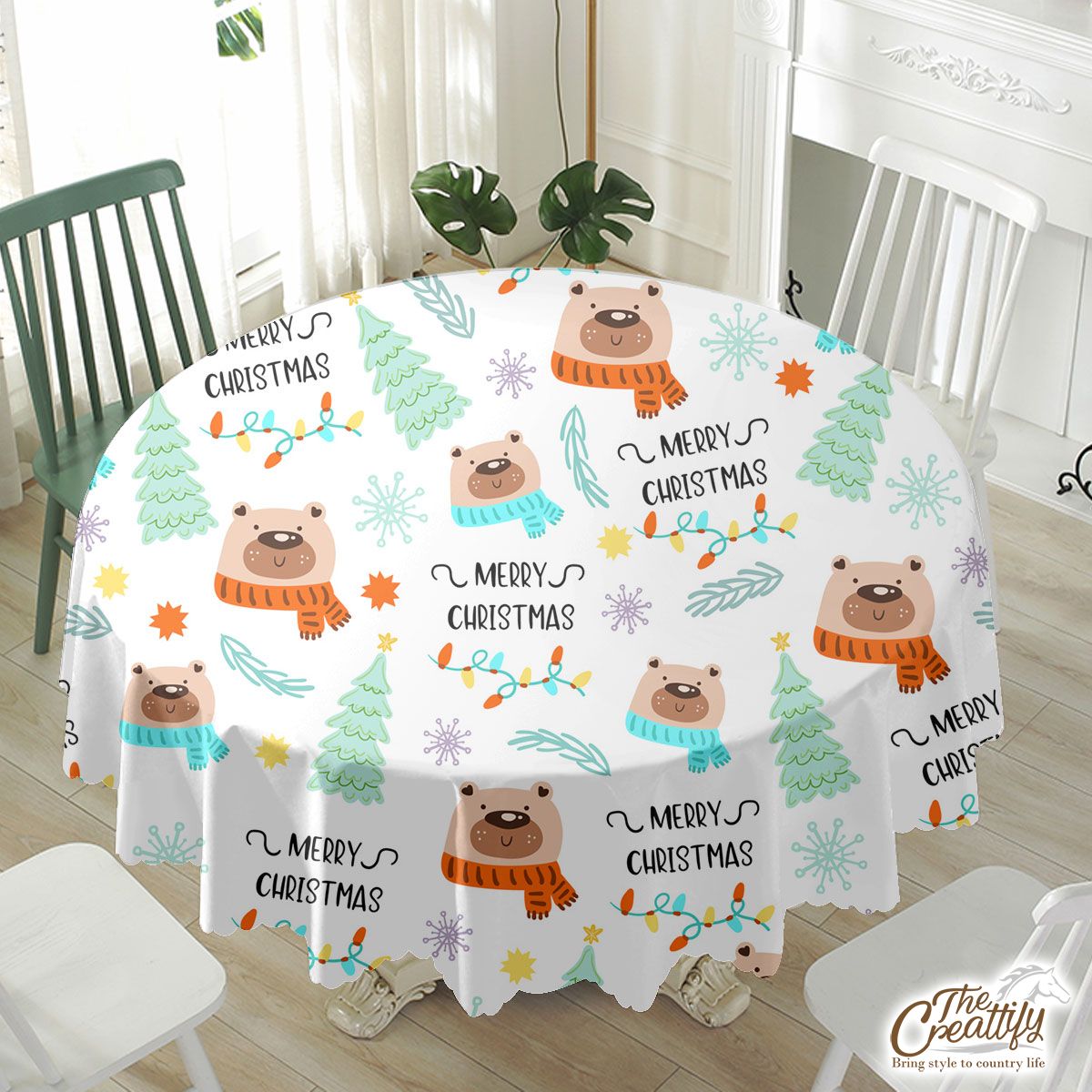 Merry Christmas With Polar Bear, Snowflake, Christmas Tree Waterproof Tablecloth