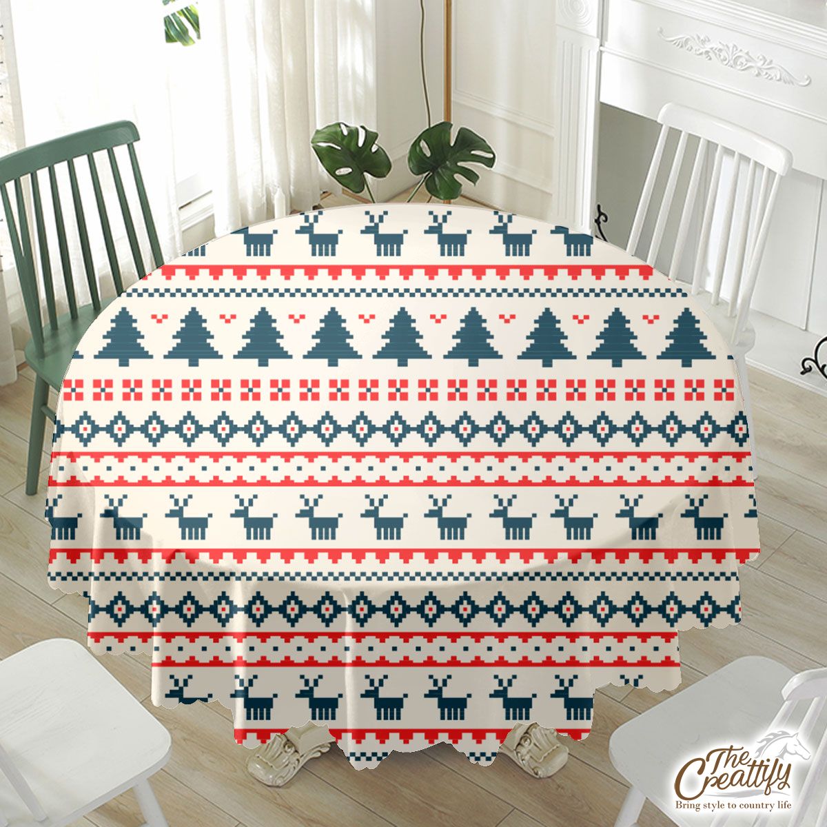 Ugly Patterns With Santas Reindeer And Pine Tree Waterproof Tablecloth