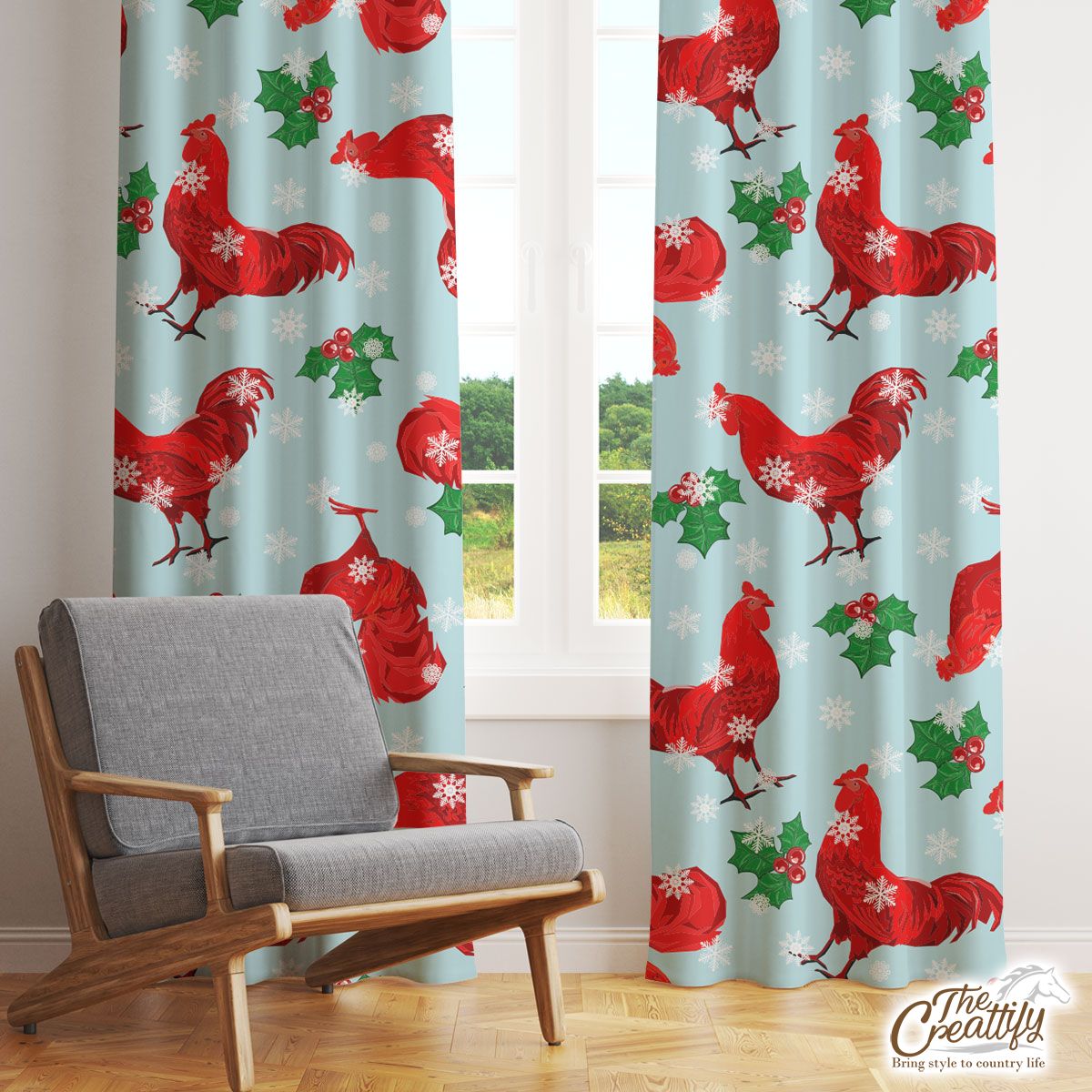 Christmas Chicken With Holly Leaf And Snowflake Window Curtain