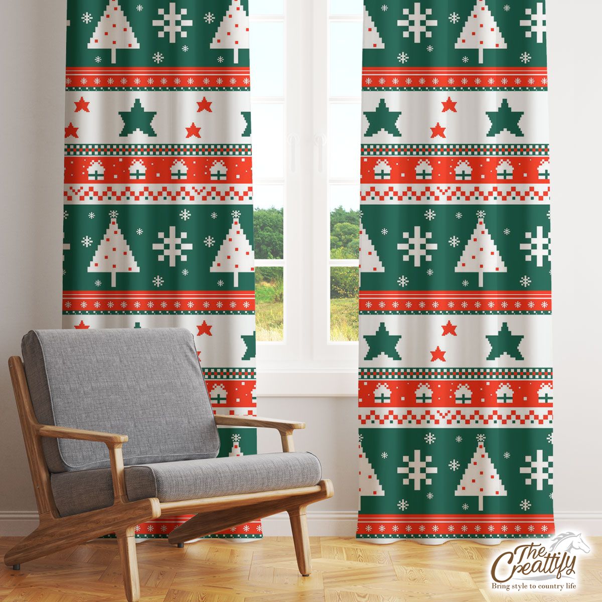 Ugly Patterns With Pine Tree And Snowflake Window Curtain