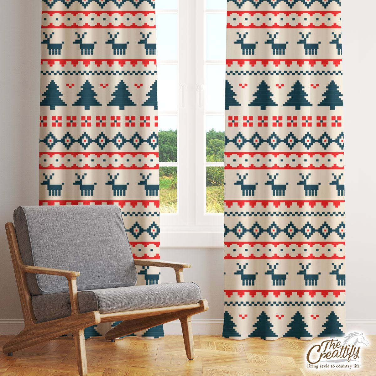 Ugly Patterns With Santas Reindeer And Pine Tree Window Curtain