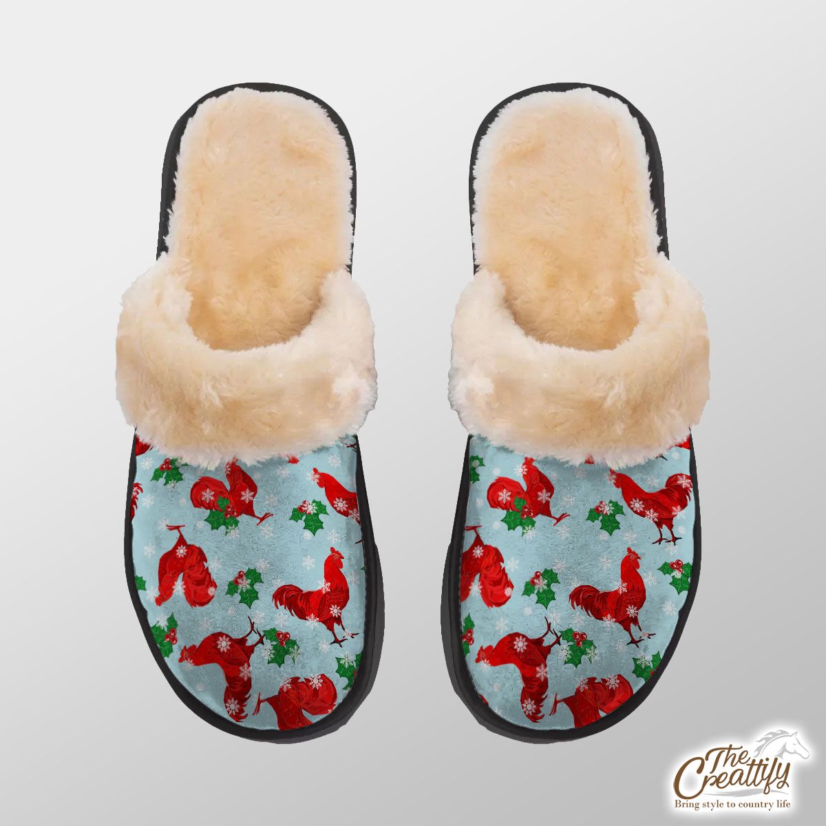 Christmas Chicken With Holly Leaf And Snowflake Home Plush Slippers