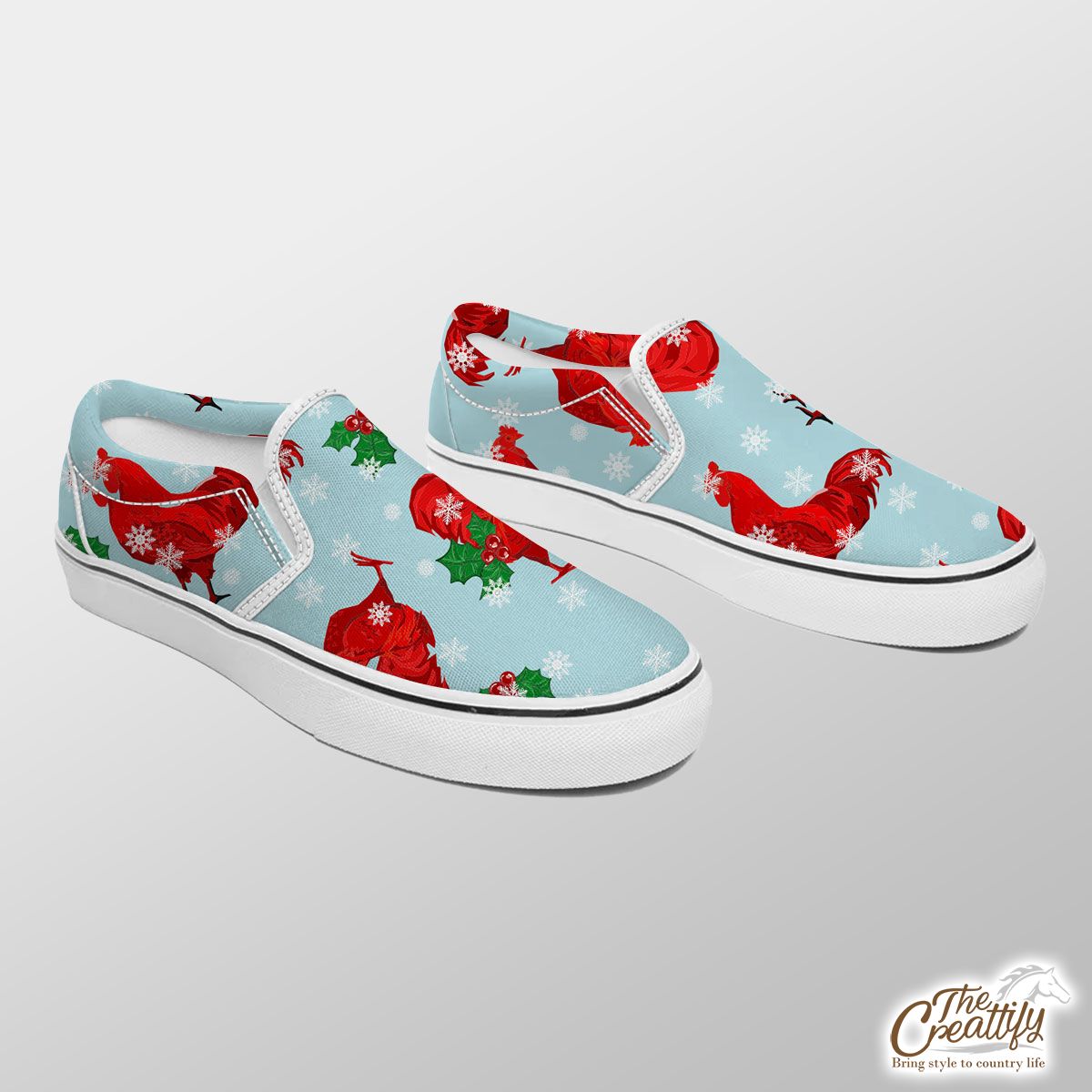 Christmas Chicken With Holly Leaf And Snowflake Slip On Sneakers