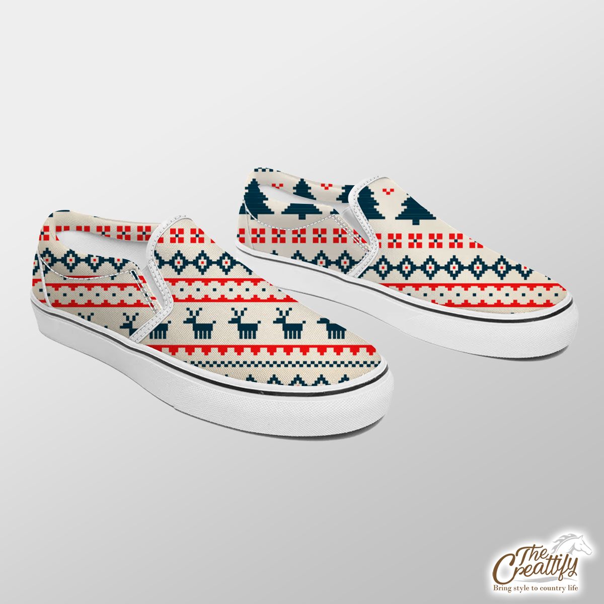 Ugly Patterns With Santas Reindeer And Pine Tree Slip On Sneakers