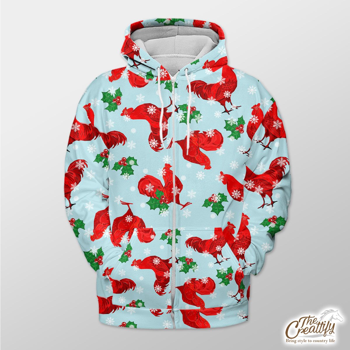 Christmas Chicken With Holly Leaf And Snowflake Zip Hoodie