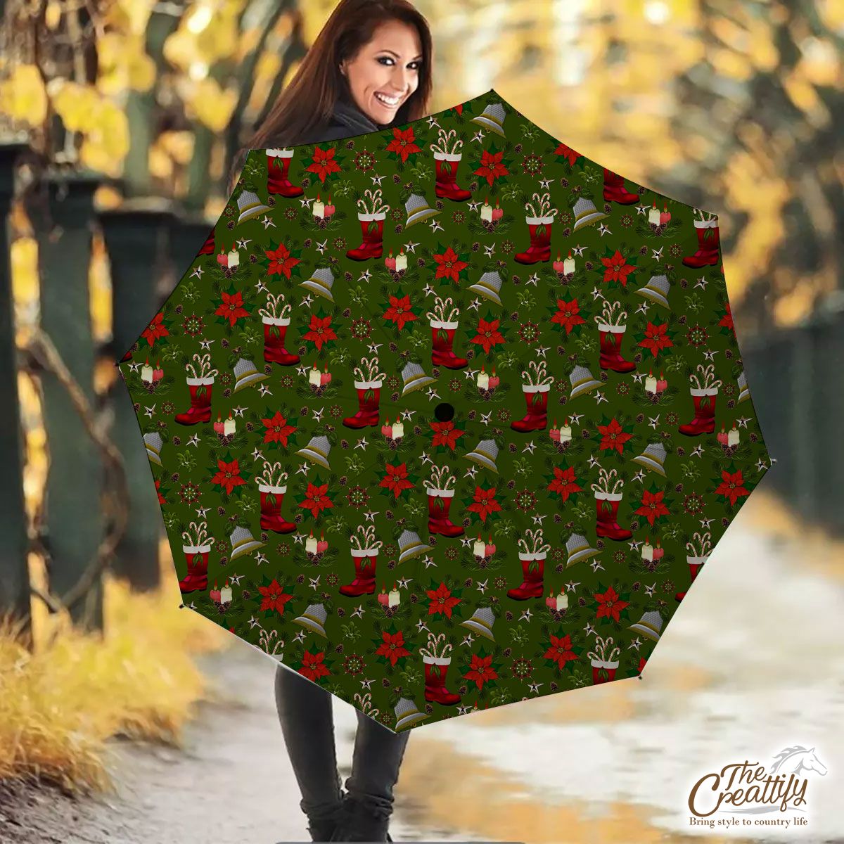 Christmas Candles, Candy Canes, Poinsettia And Bells Umbrella
