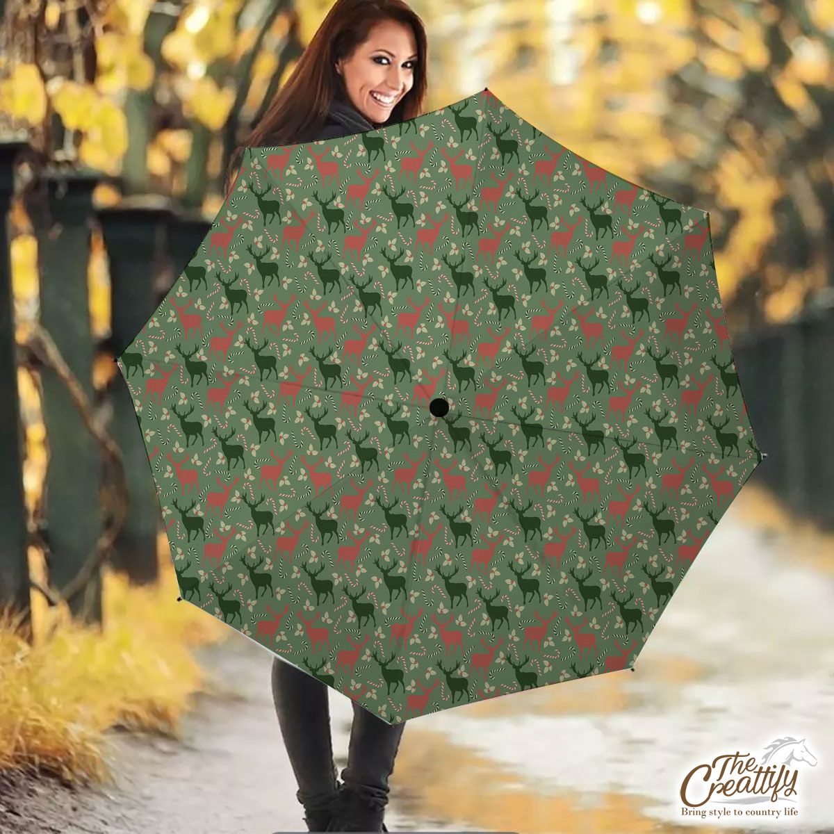 Reindeer, Christmas Flowers And Candy Canes Umbrella