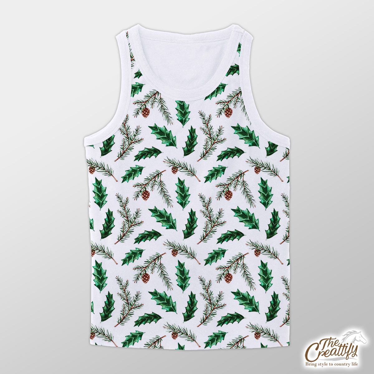 Christmas Tree, Christmas Tree Branches And  Holly Leaf Unisex Tank Top