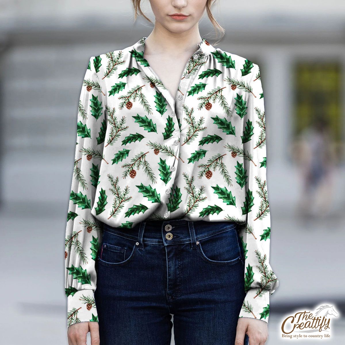 Christmas Tree, Christmas Tree Branches And  Holly Leaf V-Neckline Blouses