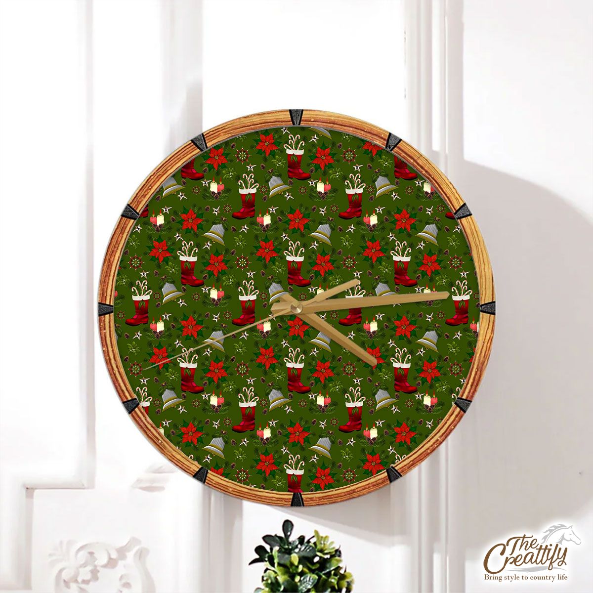 Christmas Candles, Candy Canes, Poinsettia And Bells Wall Clock
