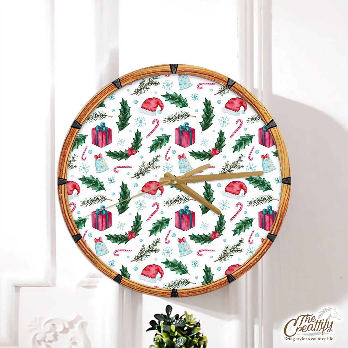 Christmas Hat, Bells, Holly Berry And Christmas Gifts Wall Clock