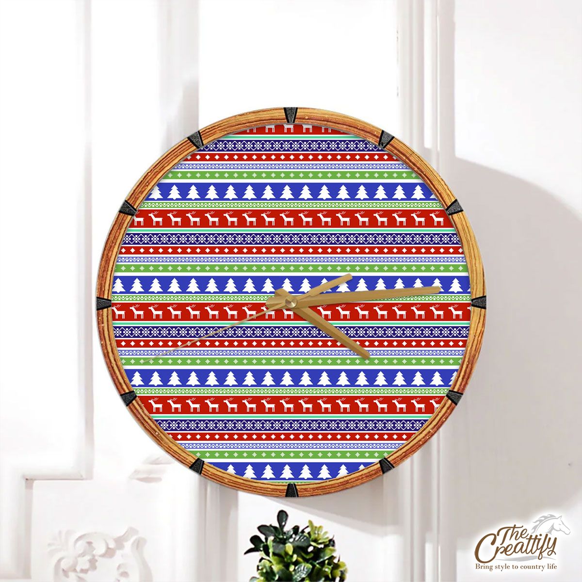 Christmas Pattern With Reindeer And Pine Tree Wall Clock