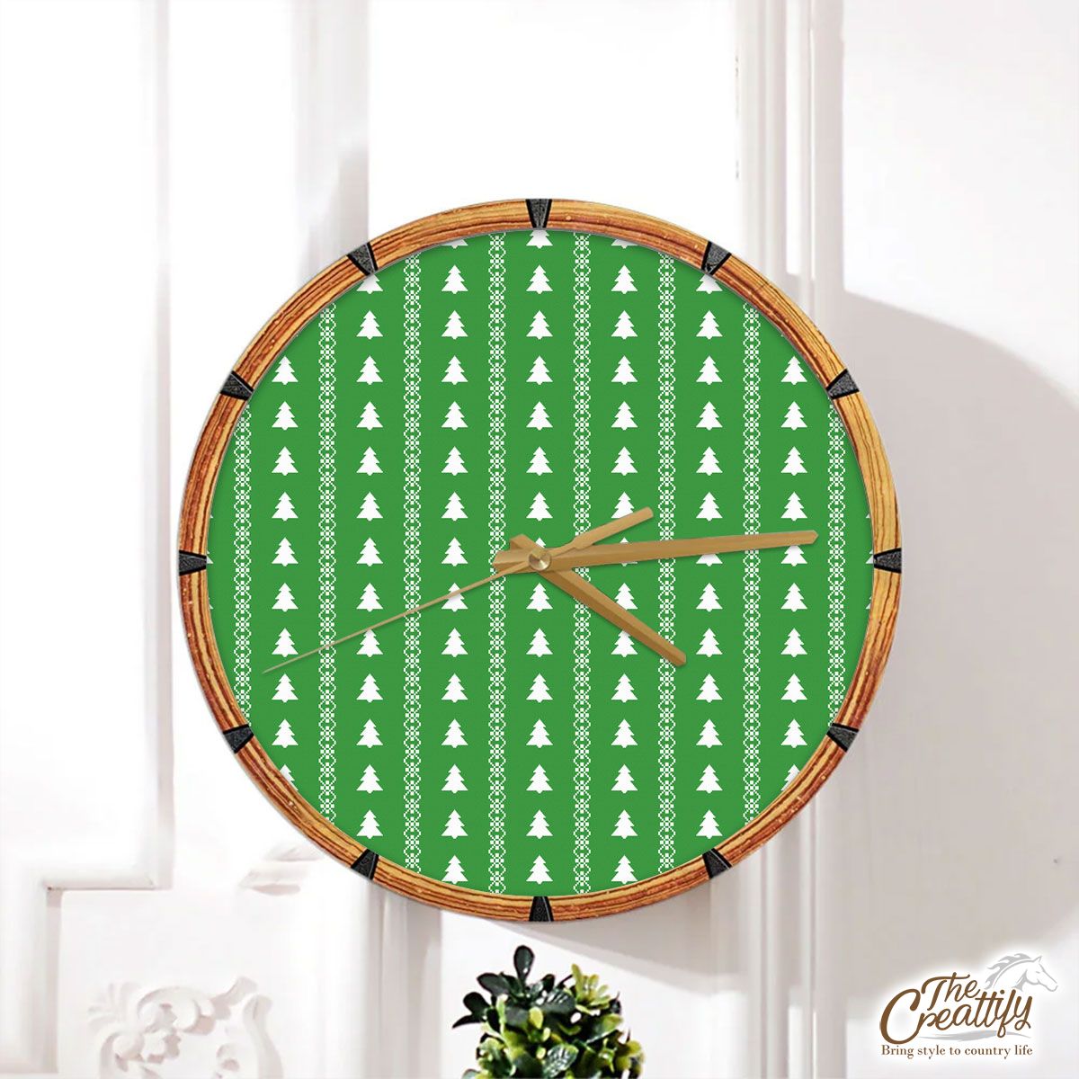 Christmas Tree, Pine Tree, Christmas Plant On Green Wall Clock