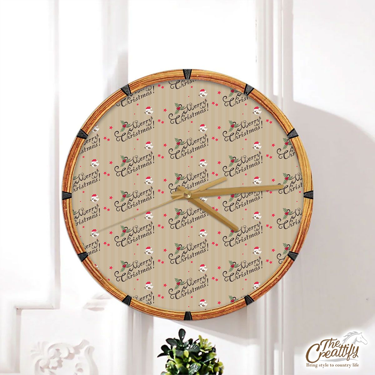 Merry Christmas With Cardinal Bird And Holly Leaf Wall Clock