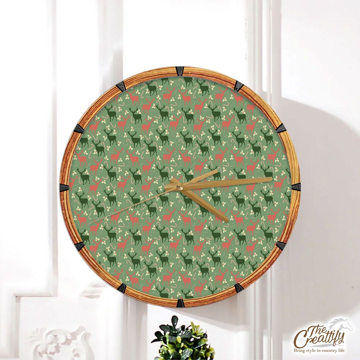 Reindeer, Christmas Flowers And Candy Canes Wall Clock