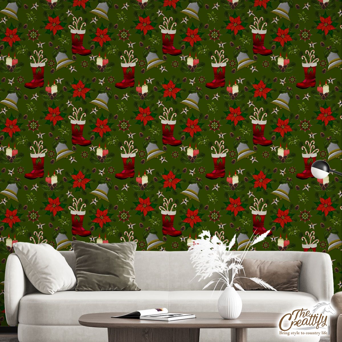 Christmas Candles, Candy Canes, Poinsettia And Bells Wall Mural