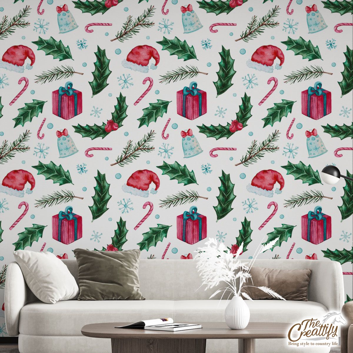 Christmas Hat, Bells, Holly Berry And Christmas Gifts Wall Mural