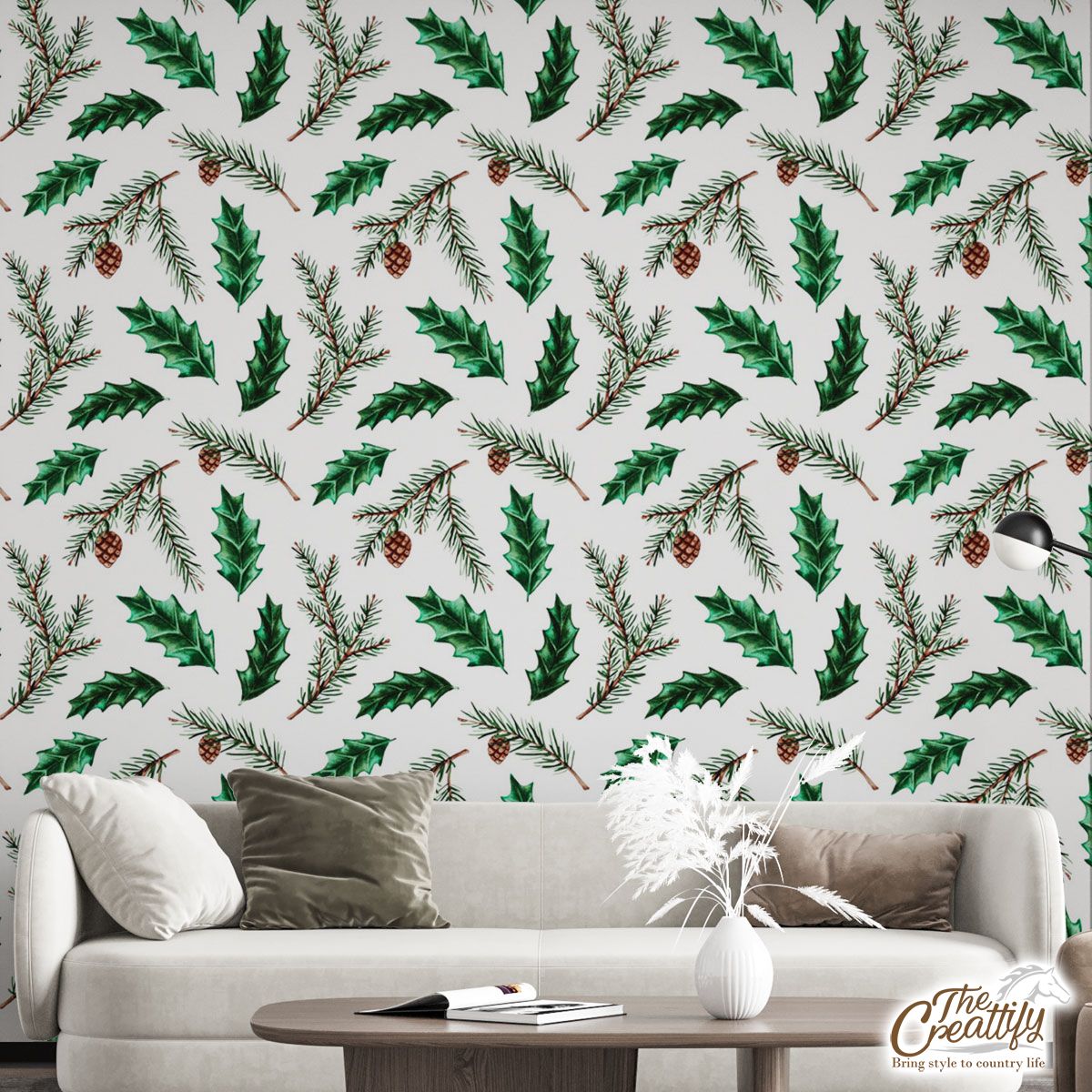 Christmas Tree, Christmas Tree Branches And  Holly Leaf Wall Mural