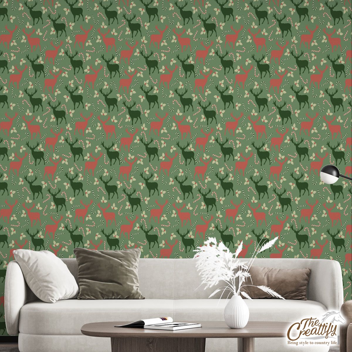 Reindeer, Christmas Flowers And Candy Canes Wall Mural