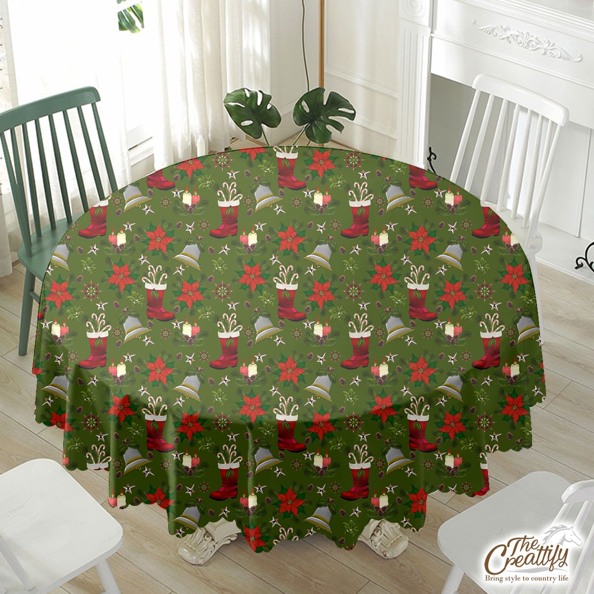 Christmas Candles, Candy Canes, Poinsettia And Bells Waterproof Tablecloth