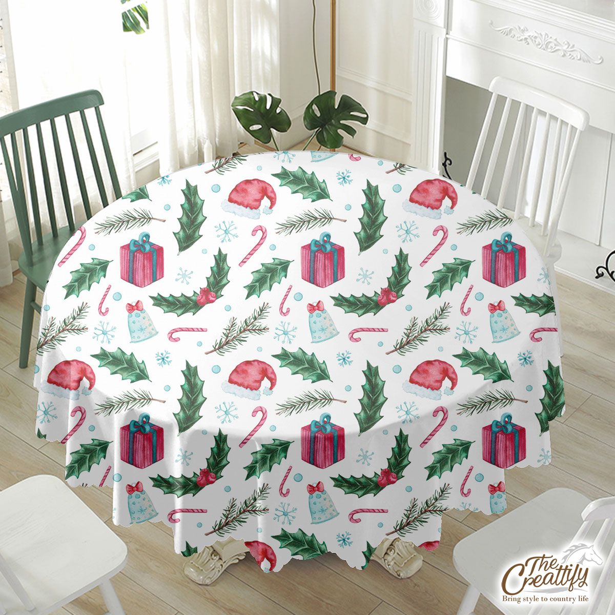 Christmas Hat, Bells, Holly Berry And Christmas Gifts Waterproof Tablecloth