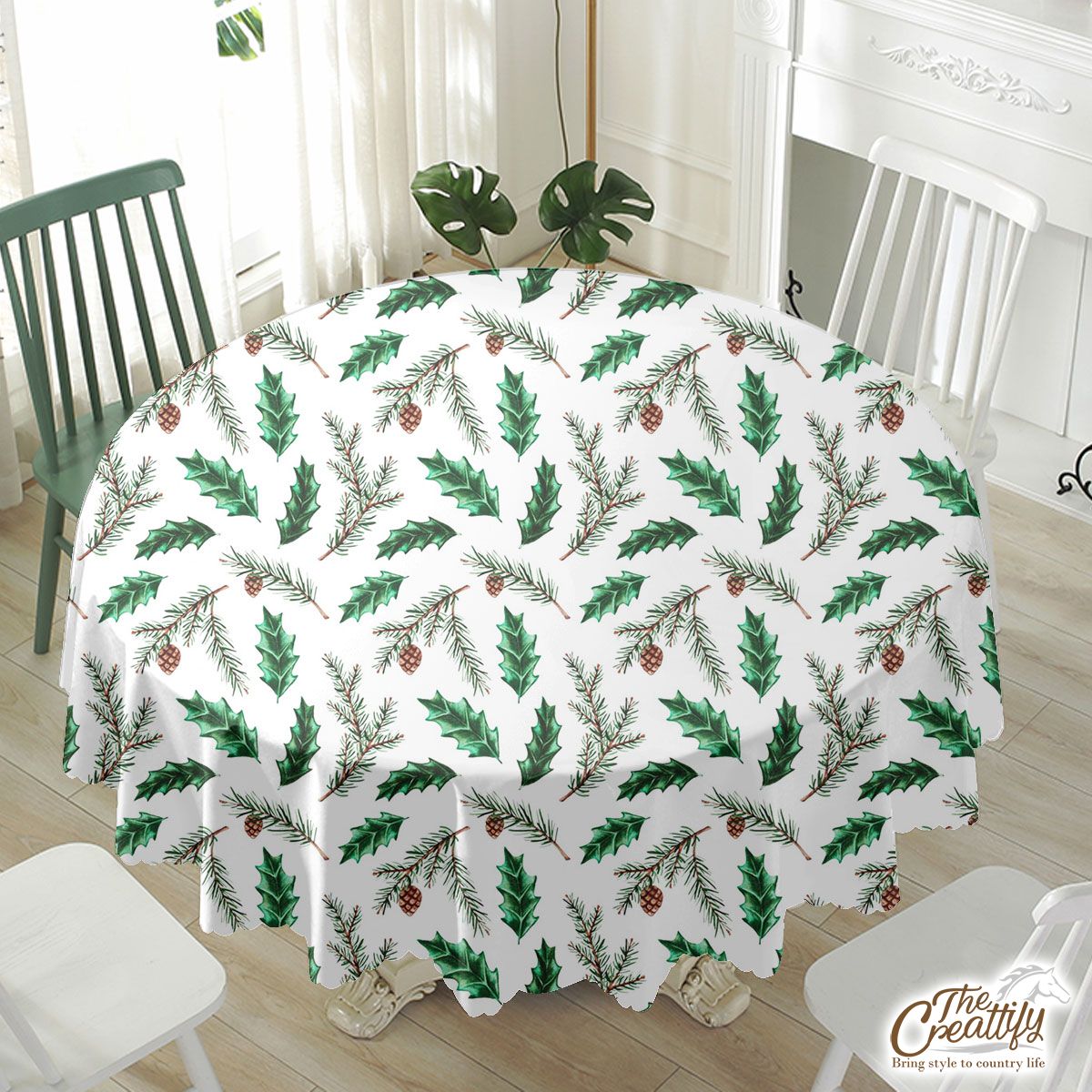 Christmas Tree, Christmas Tree Branches And  Holly Leaf Waterproof Tablecloth