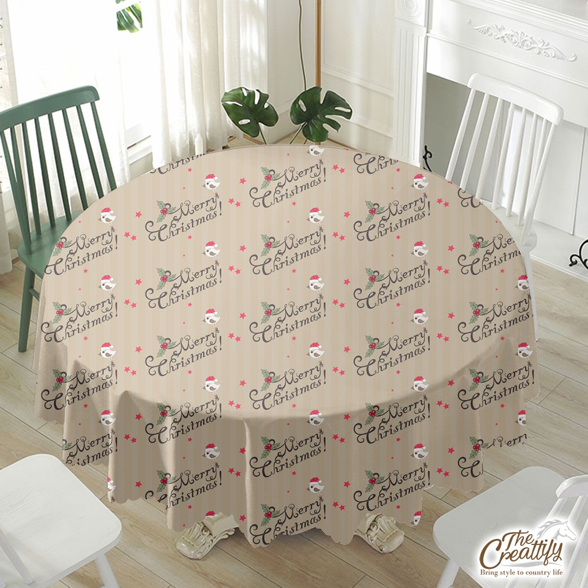 Merry Christmas With Cardinal Bird And Holly Leaf Waterproof Tablecloth