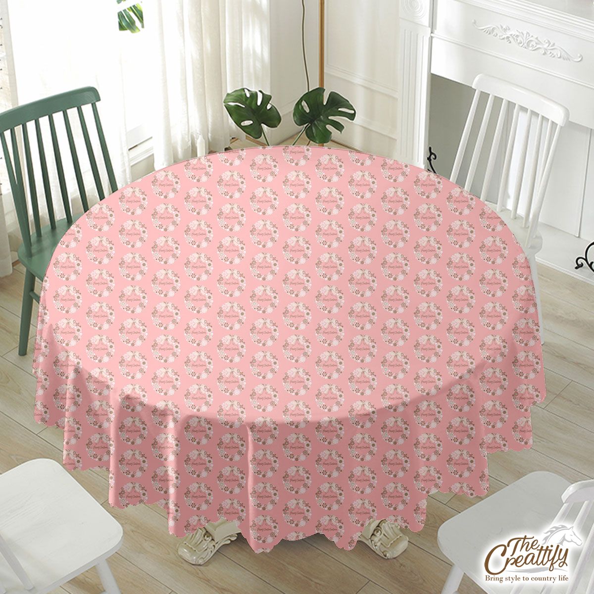 Merry Christmas With Christmas Wreath, Snowflake Waterproof Tablecloth