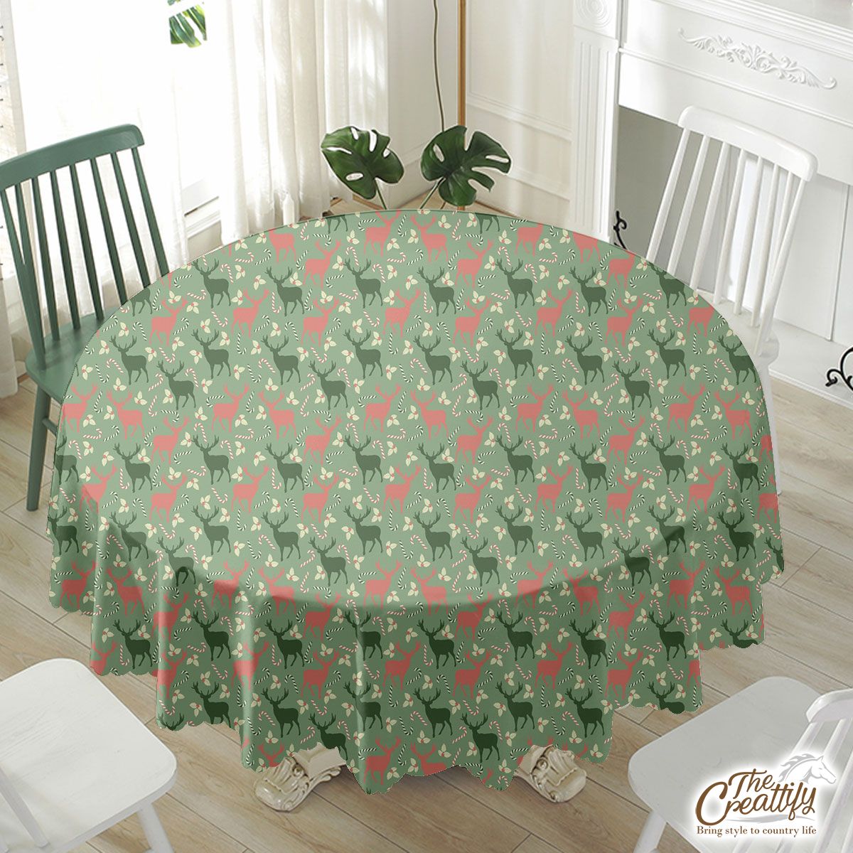 Reindeer, Christmas Flowers And Candy Canes Waterproof Tablecloth
