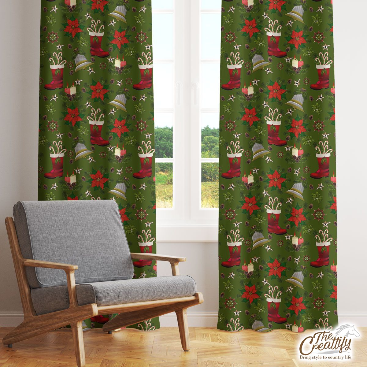 Christmas Candles, Candy Canes, Poinsettia And Bells Window Curtain