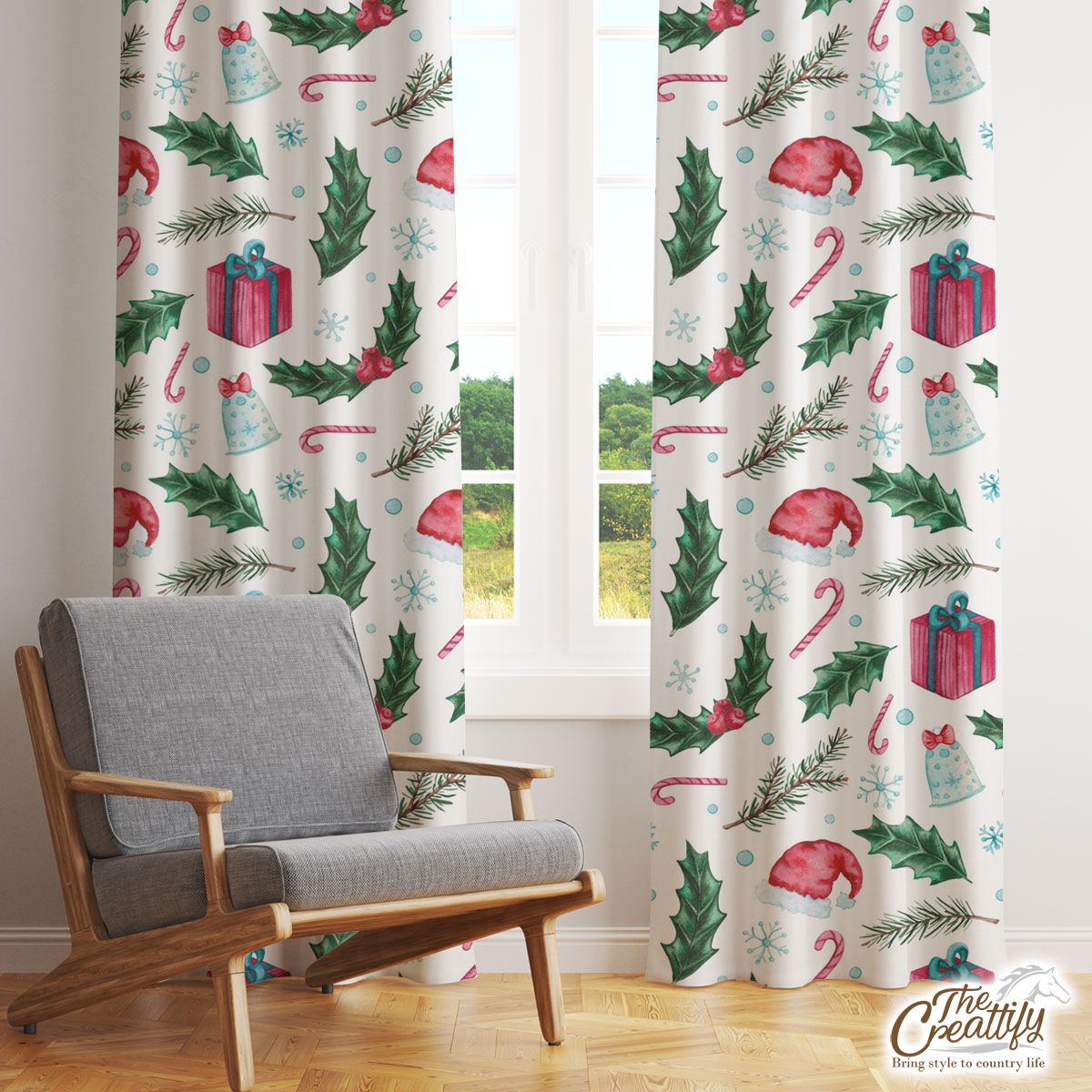 Christmas Hat, Bells, Holly Berry And Christmas Gifts Window Curtain