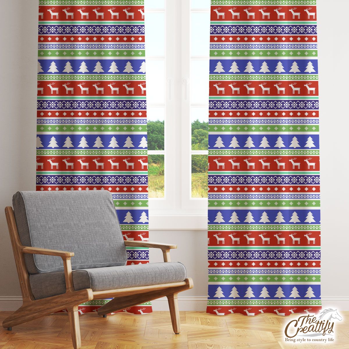 Christmas Pattern With Reindeer And Pine Tree Window Curtain
