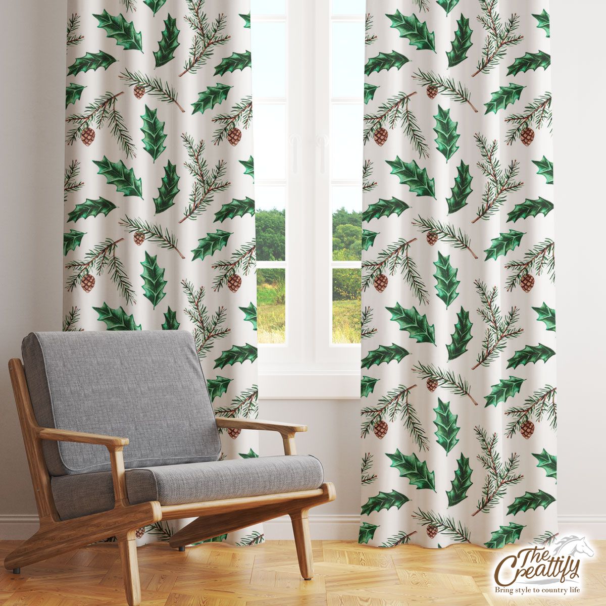 Christmas Tree, Christmas Tree Branches And  Holly Leaf Window Curtain
