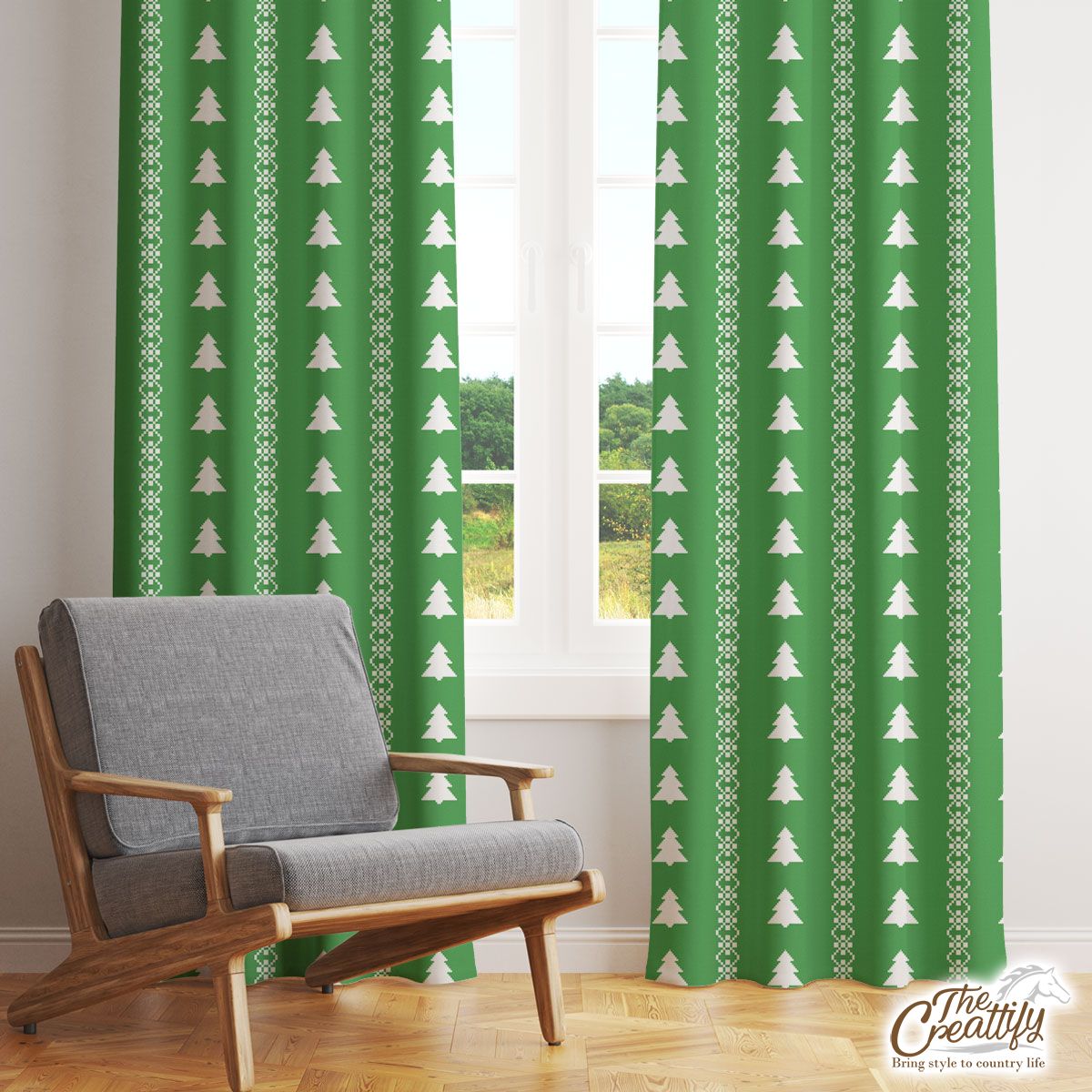 Christmas Tree, Pine Tree, Christmas Plant On Green Window Curtain