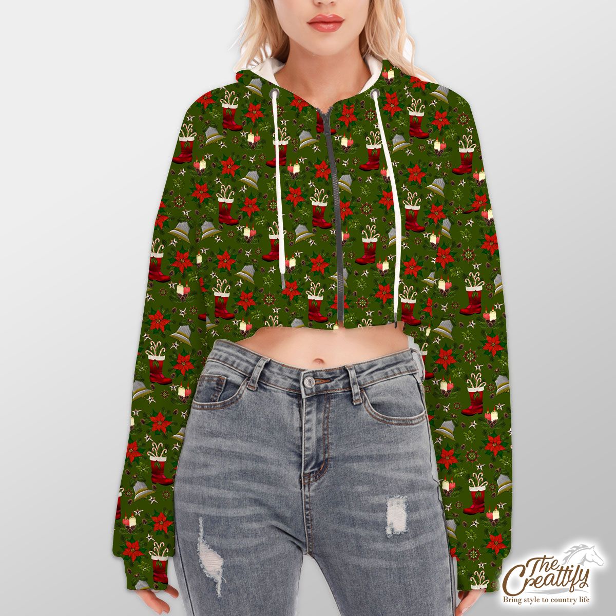 Christmas Candles, Candy Canes, Poinsettia And Bells Hoodie With Zipper Closure