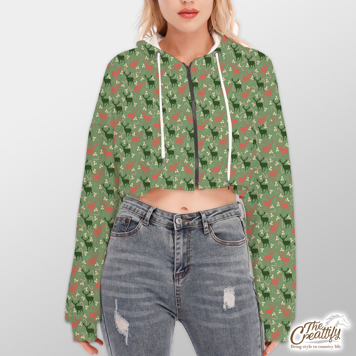 Reindeer, Christmas Flowers And Candy Canes Hoodie With Zipper Closure