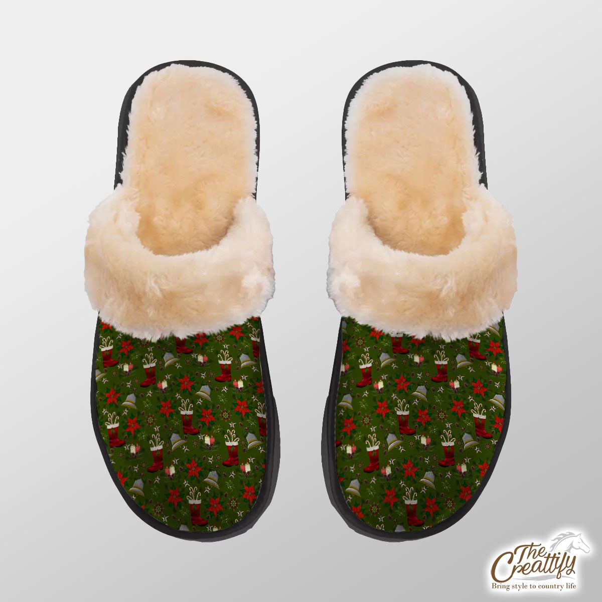 Christmas Candles, Candy Canes, Poinsettia And Bells Home Plush Slippers