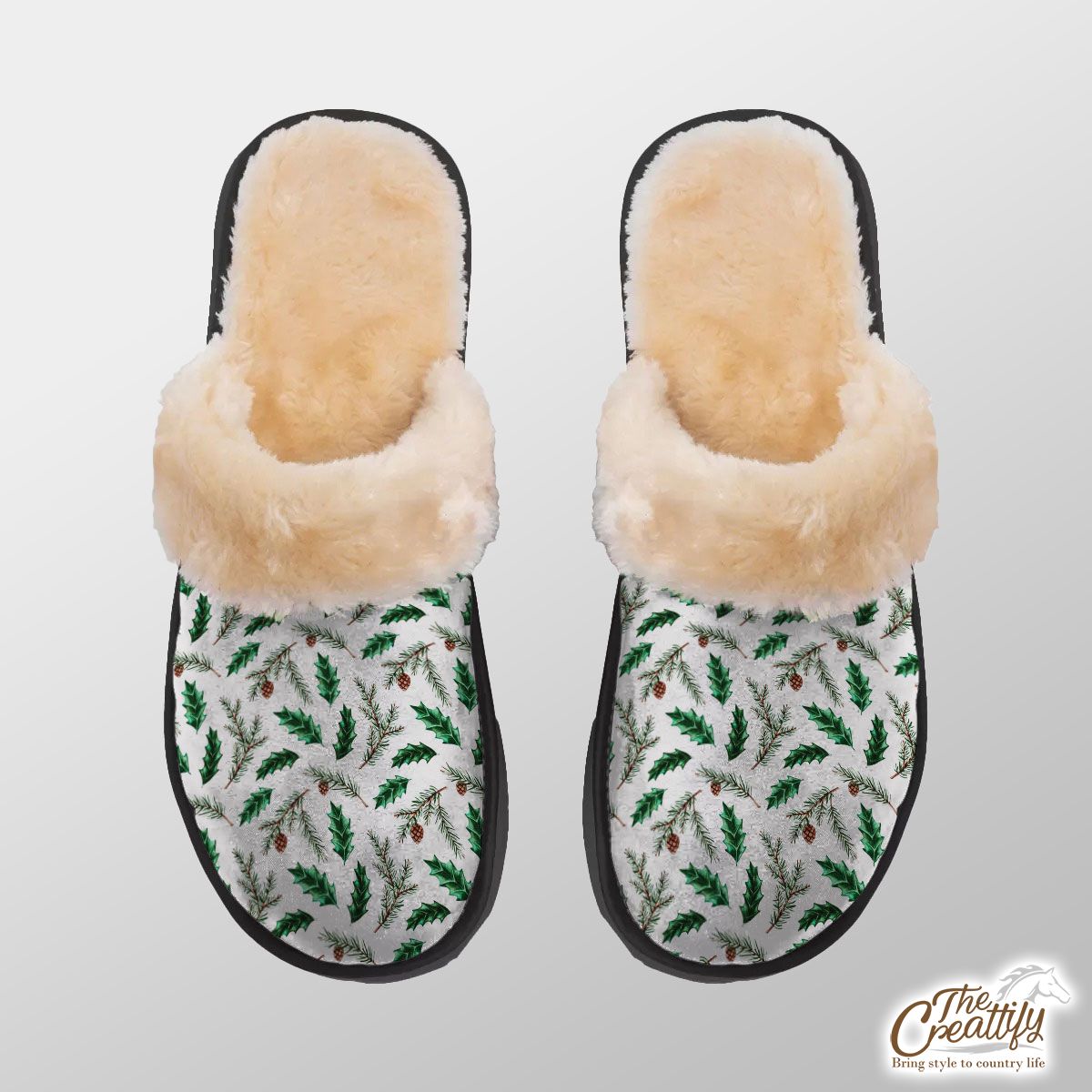 Christmas Tree, Christmas Tree Branches And  Holly Leaf Home Plush Slippers