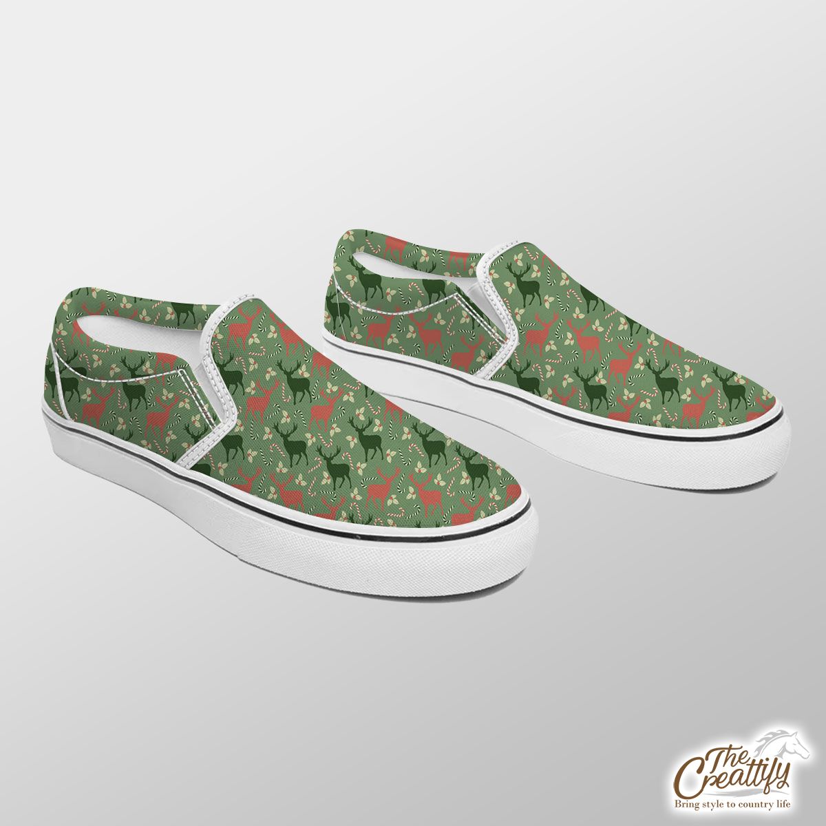 Reindeer, Christmas Flowers And Candy Canes Slip On Sneakers