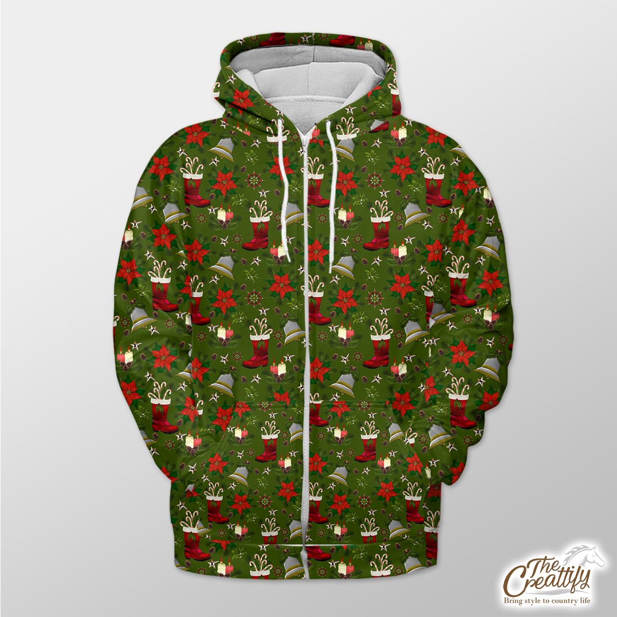 Christmas Candles, Candy Canes, Poinsettia And Bells Zip Hoodie