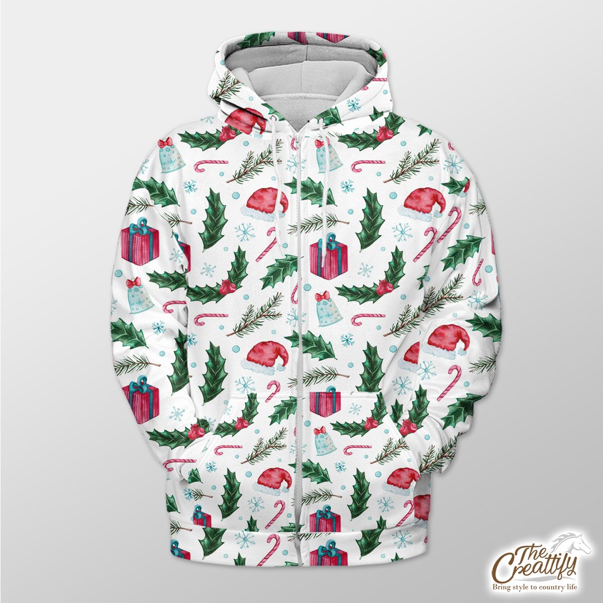 Christmas Hat, Bells, Holly Berry And Christmas Gifts Zip Hoodie
