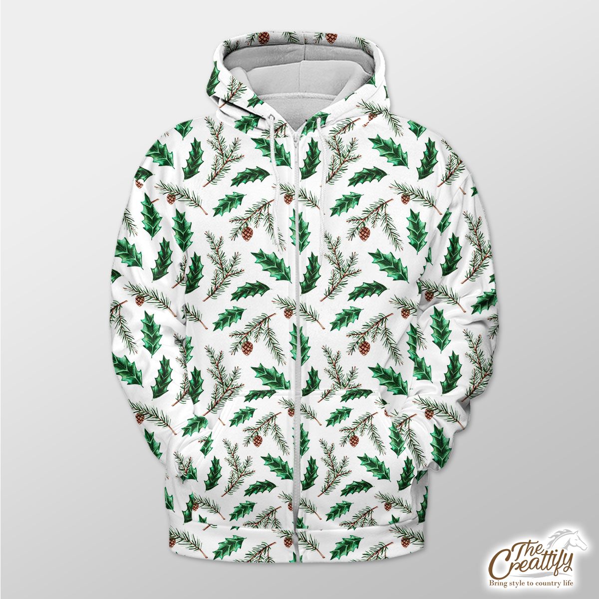 Christmas Tree, Christmas Tree Branches And  Holly Leaf Zip Hoodie