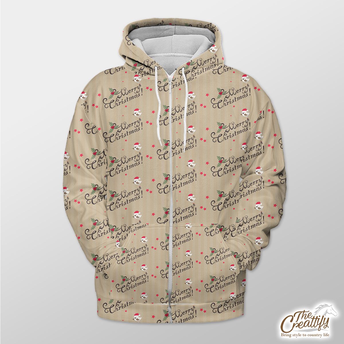 Merry Christmas With Cardinal Bird And Holly Leaf Zip Hoodie