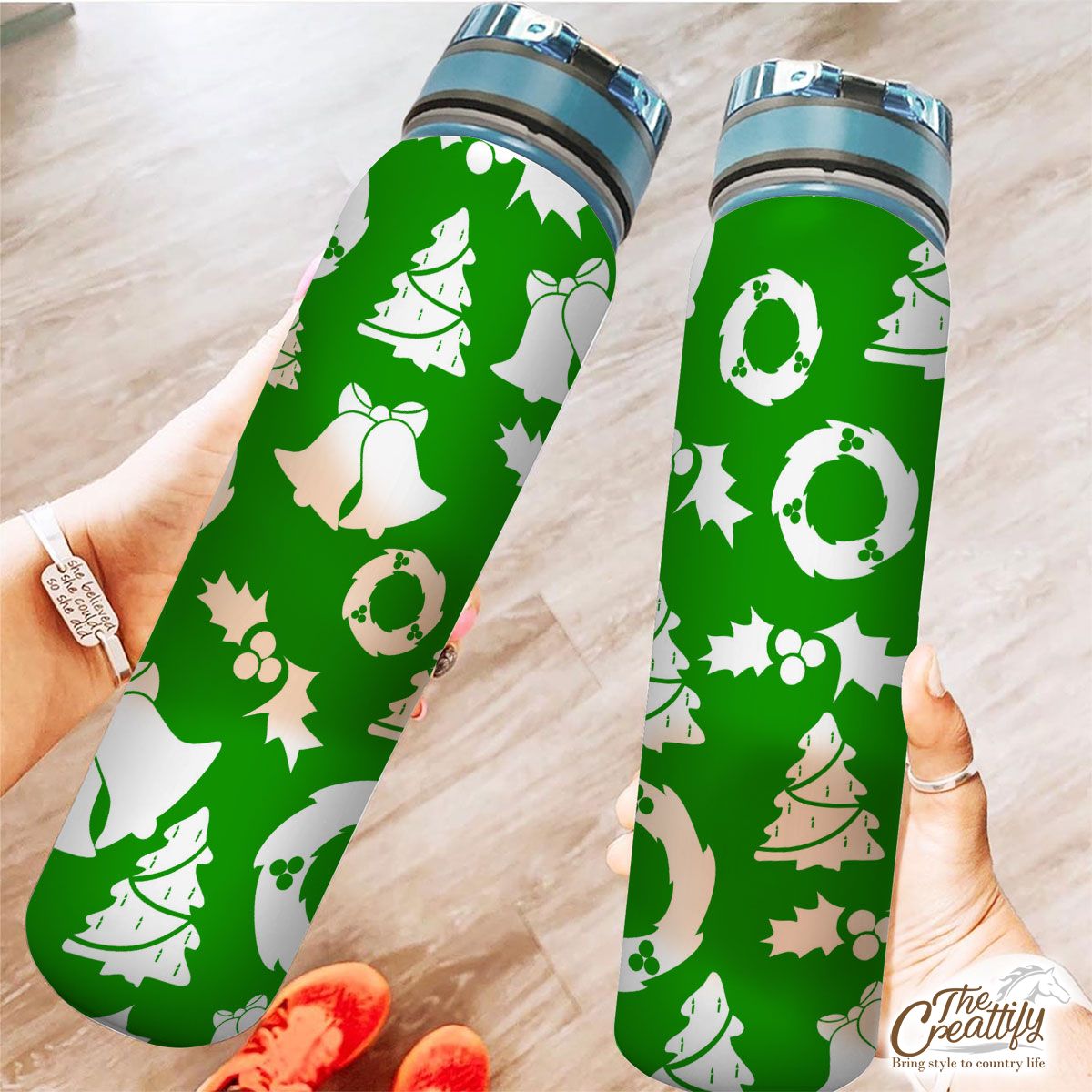 Christmas Wreath, Holly Leaf, Pine Tree And Bells On Green Tracker Bottle