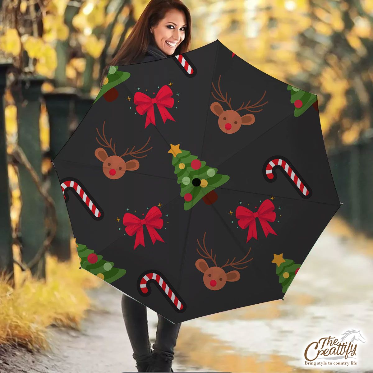 Christmas Tree, Candy Canes, Bow And Reindeer Umbrella