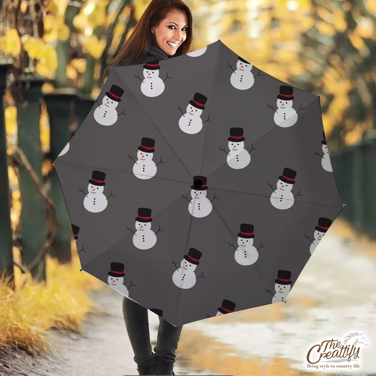 Snowman, Christmas Snowman, Snowman Hat on Dark Color Umbrella